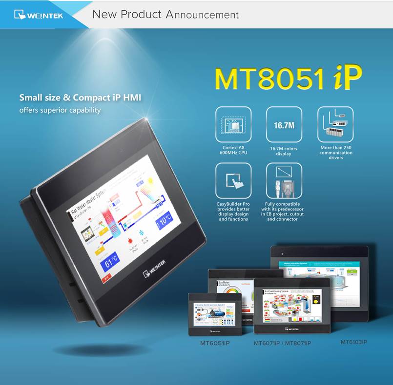 MT8051iP, панели оператора, операторские панели, HMI, Weintek, iP-серия, MT8050iP,  Cortex A8, EasyBuilder PRO